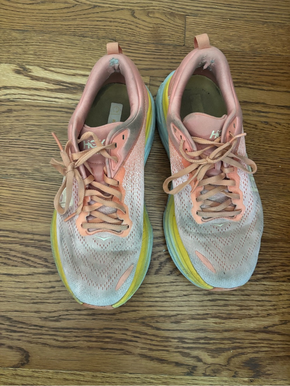 Hoka Bondi 8 Women's Coral and Yellow Running Shoes size 10